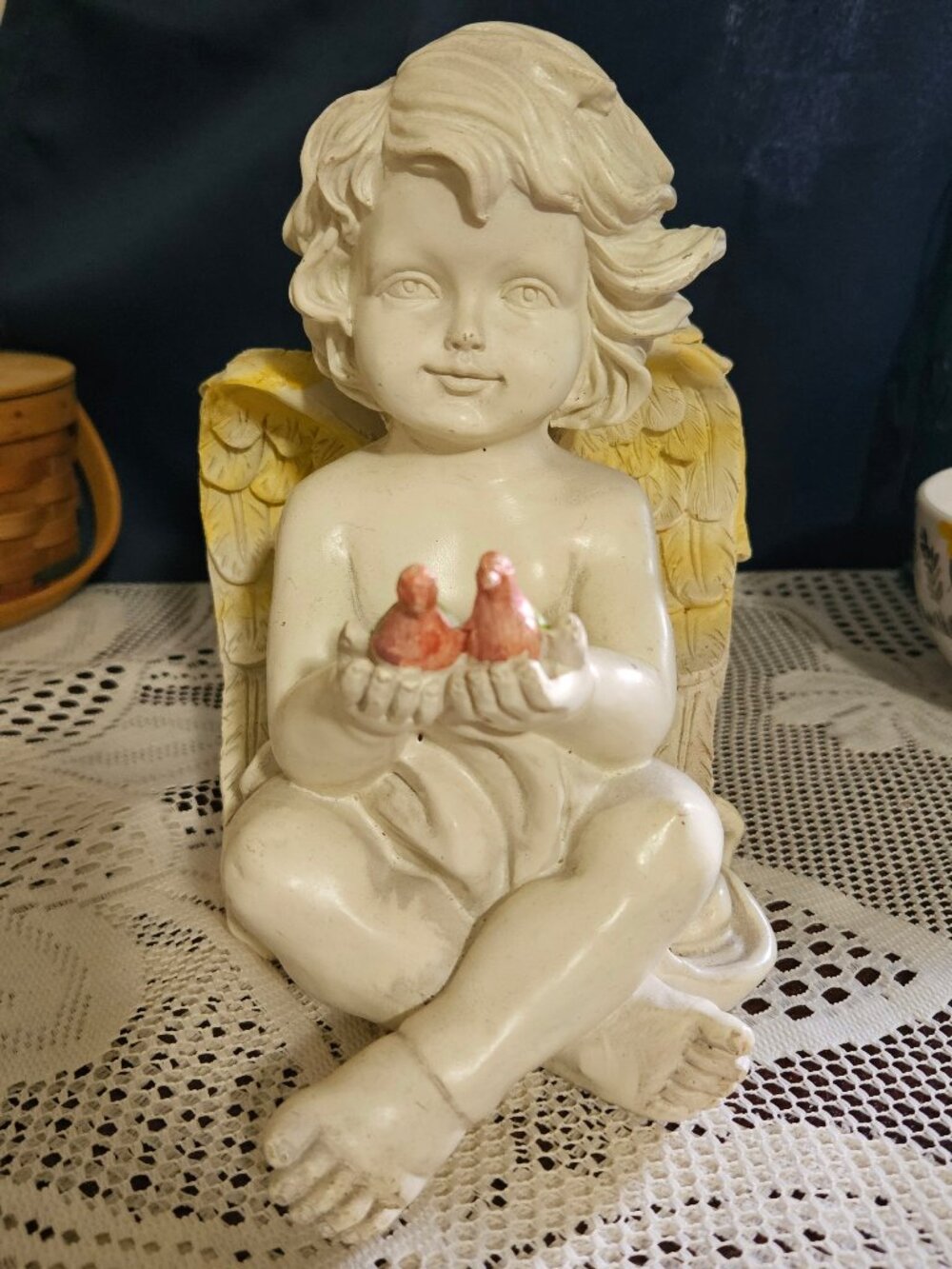 Vintage Angel with Red Birds Garden Statue - 8 inches Tall - 1.5 pounds